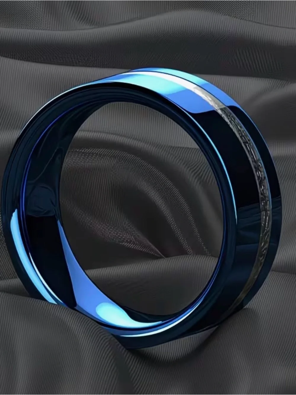 Men's 304 Stainless Steel Blue Wedding Band Ring with Textured Silver Inlay